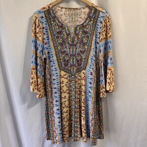 Soft Surroundings Top Tunic 3/4 Sleeve Embroidery Medium Boho Peasant Artsy